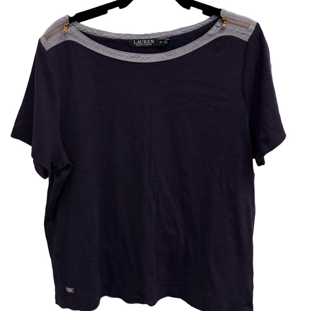 Lauren Ralph Lauren Women’s Navy Blue Zipper Accent Short Sleeve Shirt Top 2X